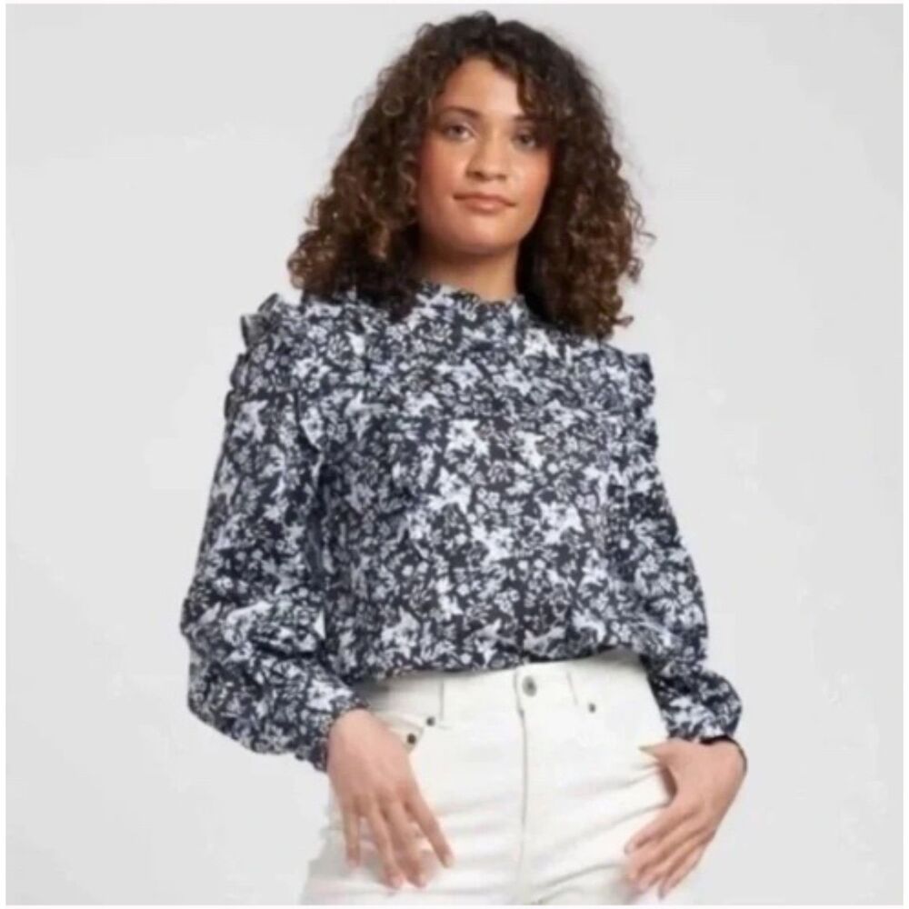EUC Erdem x Universal Kalina Indigo Blue Floral Stretchy Ruffle Top 3XS